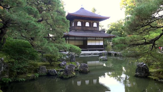 Kannon-Hall (Silver Pavilion ) and Pond of the Ginkaku-ji Buddhist temple. Sakyo, Kyoto, Japan