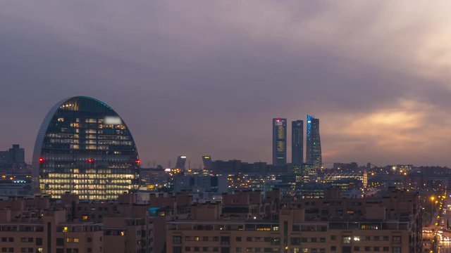 Timelapse of sunset from Las Tablas, Madrid. Cuatro torres bussines area and BBVA tower as main subjects