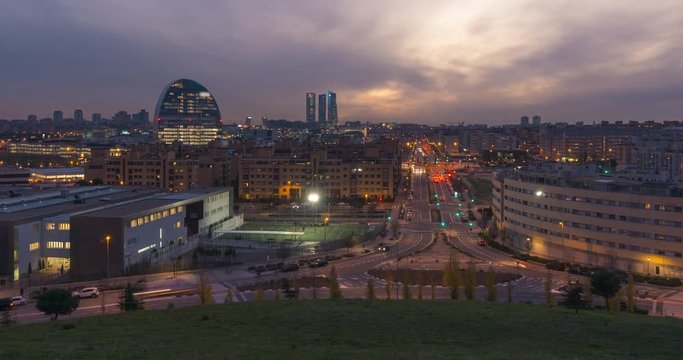 Timelapse of sunset from Las Tablas, Madrid. Cuatro torres bussines area and BBVA tower as main subjects