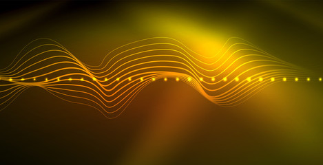 Glowing abstract wave on dark, shiny motion, magic space light. Techno abstract background