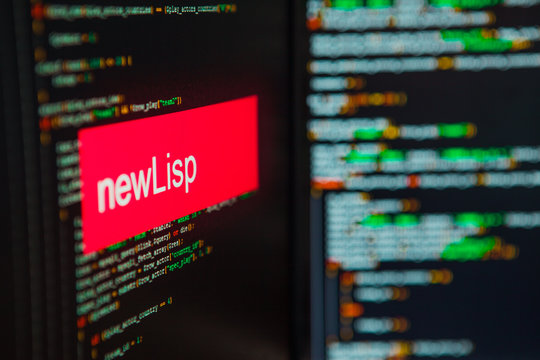 Programming language, NewLISP inscription on the background of computer code.