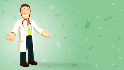 Cartoon 3d doctor with a stethoscope smiling with open arms on a green background with falling pills and tablets 3d rendering
