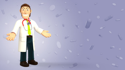 Cartoon 3d doctor with a stethoscope smiling with open arms on a purple background with falling pills and tablets 3d rendering