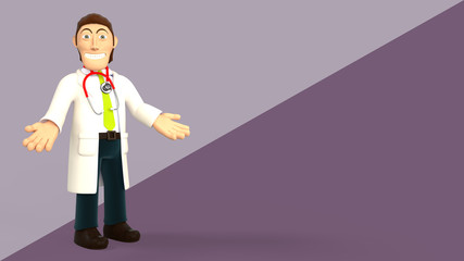 Cartoon 3d doctor with a stethoscope smiling with open arms on a purple diagonal splitted background 3d rendering