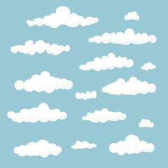 Set of Cloud in cartoon style on blue background. White vector clouds isolate. Vector illustration