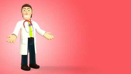Cartoon 3d doctor with a stethoscope smiling with open arms on a red gradient background 3d rendering