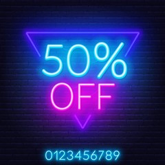 Neon offer template for discount on sale. Vector illustration. EPS 10