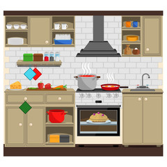 Cozy home kitchen with stove, cabinets, dishes, sink and oven. Vector illustration on the theme of interior design. © Александр Колесников