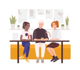 Group of friends sitting at cafe table, drinking cocktails and talking. Friendly meeting and conversation. Young men and women spending time together at bar. Flat cartoon colorful vector illustration.