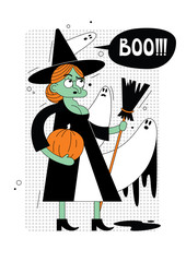 Vector card with cute witch and ghosts on dotted background. Beautiful Halloween print design for postcard. Trendy poster for Halloween celebration decor. Character for illustrating children's books