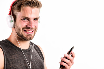 Perfect for clear sound of music. ebook and online education. music education. sexy muscular man...