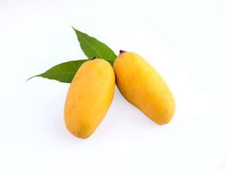Delicious ripe mango with green leaf on white background 001