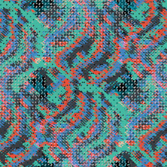 Seamless pattern patchwork design. Multicolor print with scribble tiles and halftone dots. Watercolor effect. Suitable for bed linen, leggings, shorts and fashion industry.