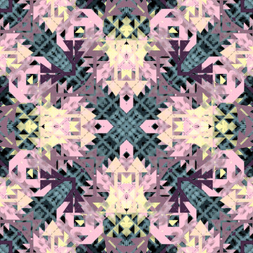 Seamless pattern handkerchief design. Trabal print with aztec arrows and ethnic triangles. Watercolor effect. Suitable for bed linen, napkins, bandanna and fashion industry.