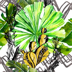 cacti painted with gold marker and black ink and tropical green watercolor leaves on a seamless geometric background, for use in design, textiles, Wallpaper, wrapping paper