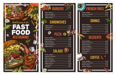Fast food vector menu template in sketch style. Design for restaurant menu with hand drawn illustrations of burger, drink, french fries, pizza on chalckboard - obrazy, fototapety, plakaty