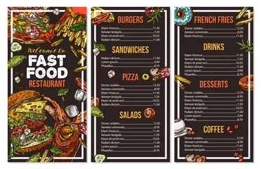 Fotobehang Fast food vector menu template in sketch style. Design for restaurant menu with hand drawn illustrations of burger, drink, french fries, pizza on chalckboard © alexrockheart