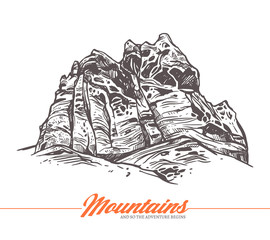 Hand drawn vector illustration of mountain. Rock in sketch engraving style for adventure design