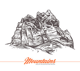 Naklejka premium Hand drawn vector illustration of mountain. Rock in sketch engraving style for adventure design