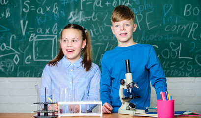 School education. Girl and boy communicate while conduct school experiment. Children studying together classroom. Chemical analysis. Kids study chemistry. School chemistry lesson. School laboratory