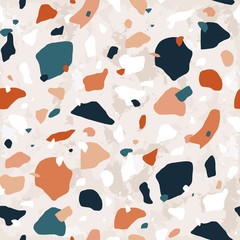 Terrazzo seamless pattern with motley rock crumbs or chips. Traditional Italian backdrop with stone fragments scattered on light background. Natural vector illustration for textile print, wallpaper.