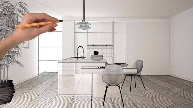 Empty white interior with white marble ceramic tiles, hand drawing custom architecture design, black ink sketch, blueprint showing modern minimalist kitchen, concept, mock-up, idea