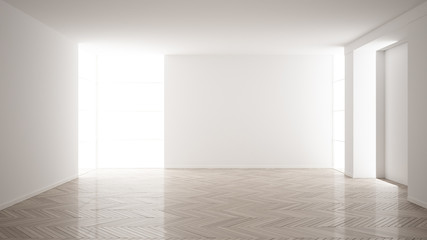 Empty room interior design, open space with white walls, modern style, parquet wooden floor, minimalist contemporary architecture, concept, mock-up, architecture idea