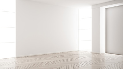 Empty room interior design, open space with white walls, modern style, parquet wooden floor, minimalist contemporary architecture, concept, mock-up, architecture idea