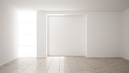 Empty room interior design, open space with white walls, modern style, parquet wooden floor, minimalist contemporary architecture, concept, mock-up, architecture idea