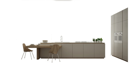 Modern white kitchen with wooden details in contemporary luxury apartment, interior design concept idea, isolated on white background with copy space, minimalist furniture