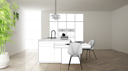 Blueprint project draft, sketch of minimalist modern kitchen with island and lamps, interior design concept idea, modern apartment with parquet floor, contemporary furniture idea