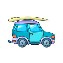 Off-roader and surfing board. SUV car or jeep isoated. Travel vehicle vector illustration on white background.