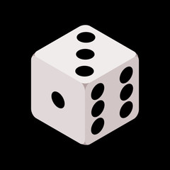 One isometric craps game dice, matte photo realistic material, 3d render, vector cube illustration isolated on black background EPS