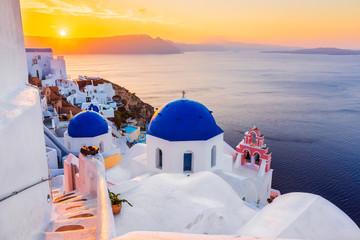 Santorini, Greece. The picturesque Oia village at sunrise.