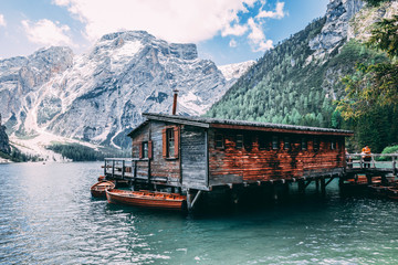 Fototapeta premium scenic view of famous braies lake in italy