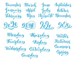 Big vector handdrawn calligraphic monthly set with months, year 2020 and days of week. Vector
