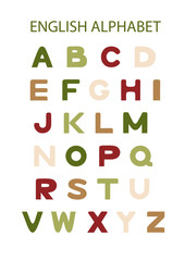 Hand drawn multicolored english alphabet on the white background. Kid style drawing font and signs ABC.