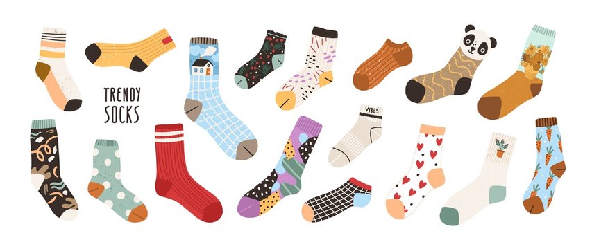 Collection of stylish cotton and woolen socks with different textures isolated on white background. Bundle of trendy clothing items. Modern garment or apparel set. Flat cartoon vector illustration.