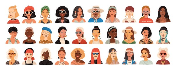 Fototapeta Collection of portraits of cute funny young stylish women. Bundle of smiling hipster girls with different hairstyles and accessories. Set of modern female avatars. Flat cartoon vector illustration. obraz