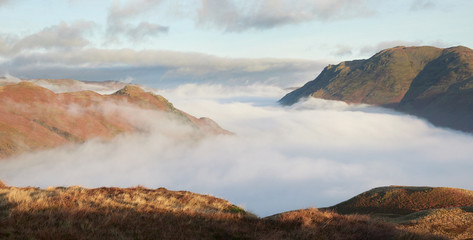 Cloud inversion over Patterdale with Arnison Crag to the left and Place Fell on the right in the...