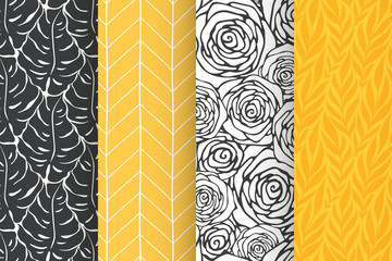 Monstera, roses, leaves, geometric seamless pattern set. Organic simple background collection. Vector illustration