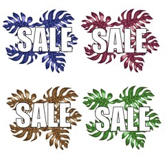 Beautiful illustration with colorful inscription sale tropical leaves on green background for banner design. Sale discount banner.