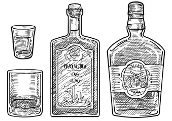 Fototapeta na wymiar Whiskey and rum illustration, drawing, engraving, ink, line art, vector