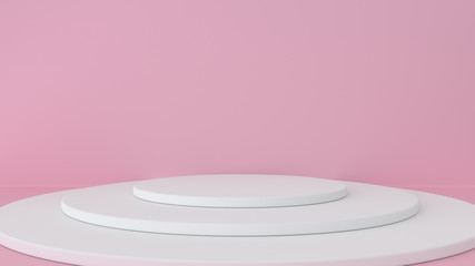 Obraz premium Pink studio and pedestal background. Platform for beauty products display. Realistic mock up in modern minimal design. 3d illustration, 3d rendering.