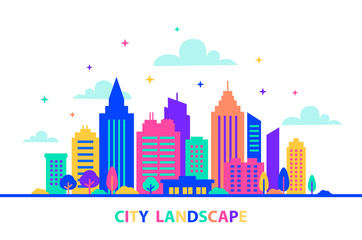 City landscape. Silhouettes of buildings with neon glow and vivid colors. City landscape template. Flat style illustration in neon vivid colors. Cityscape background, Urban life.