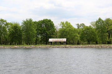 A calm view of the lake in the park on a sunny day.