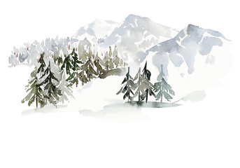 Fototapeta na wymiar Christmas winter watercolor landscape with mountains and trees