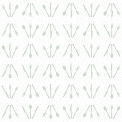 Seamless cutlery pattern. Fork, knife and spoon are in a set of three. Transparent background with hand drawn, irregular spots. Easy to edit colors in Illustrator.