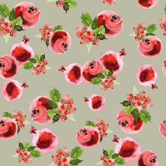 Fototapeta premium Seamless watercolor pattern with berries and pomegranates