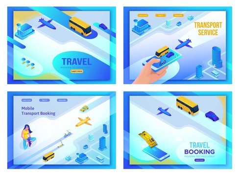 Mobile transportation online service landing page template set, travel booking app concept, 3d isometric vector, smart city, smartphone, airplane, bus, girl searching in internet, ux design